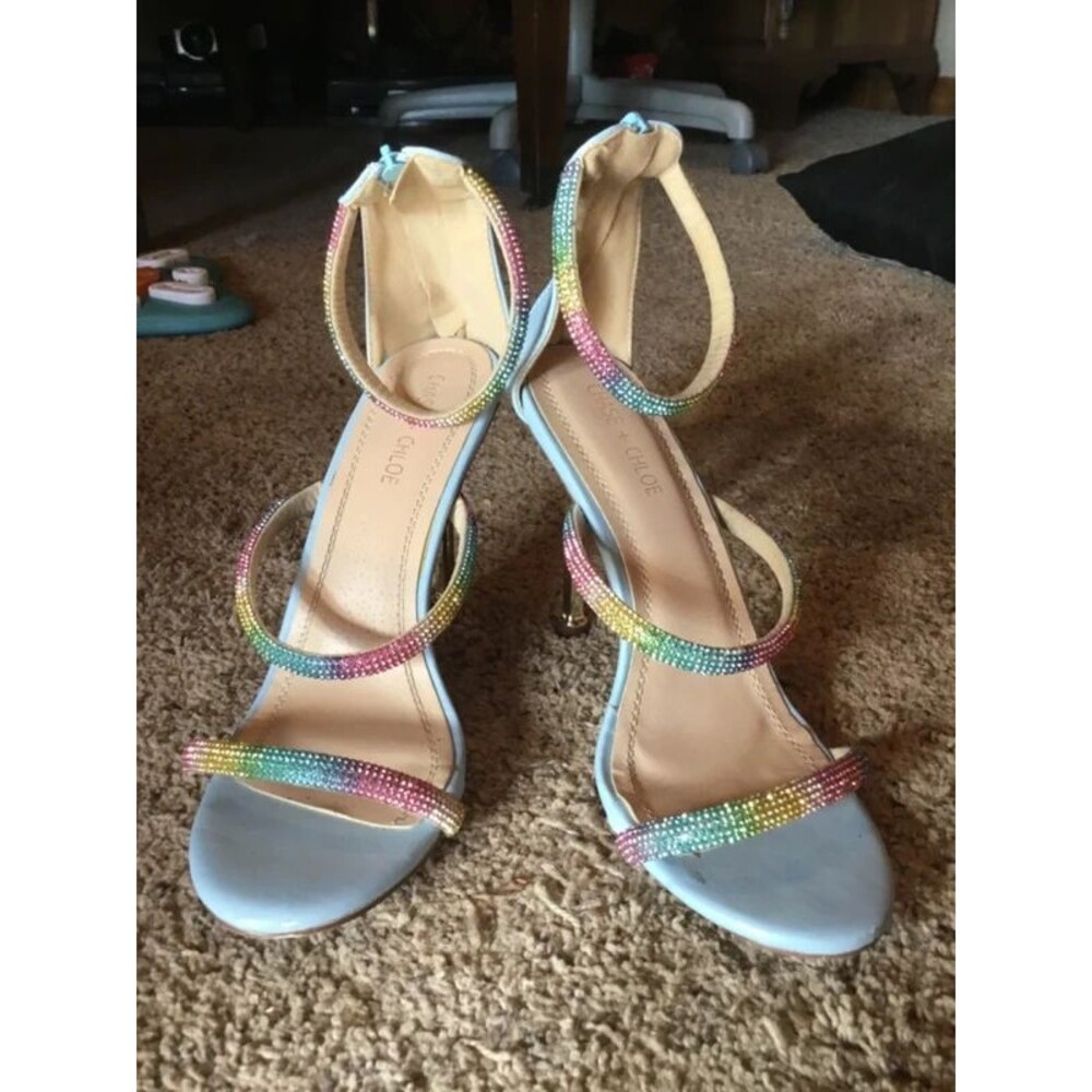 Y2K Rainbow Rhinestone Pastel Blue Stiletto Sandal Heels Size 10 - Picture 2 of 12
